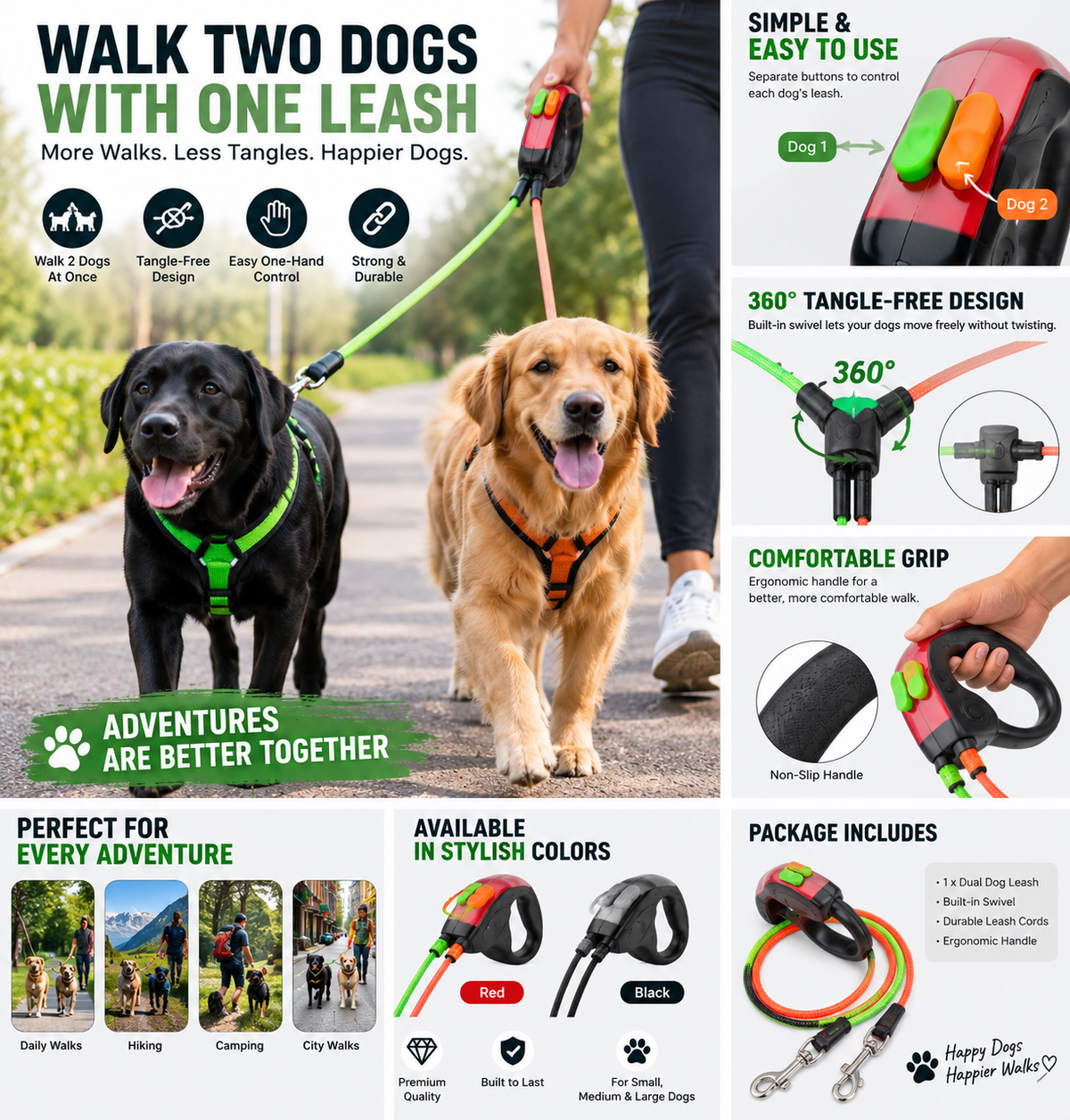 Dual Dog Leash β Tangle-Free 2-Dog Walking System