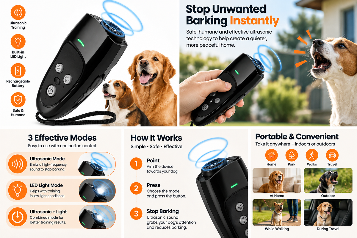 Ultrasonic dog barking device product features and usage infographic