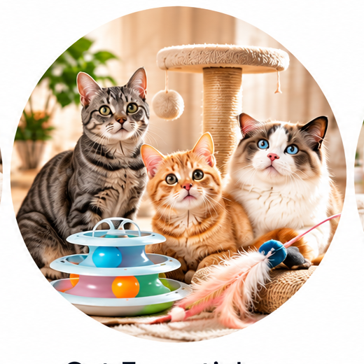Cat Essentials: three cats with cat furniture and interactive toys