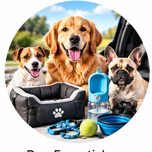 Dog Essentials: three happy dogs with travel, comfort and walking essentials