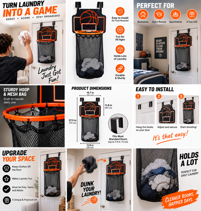 Basketball Laundry Hamper – Over-the-Door Hoop