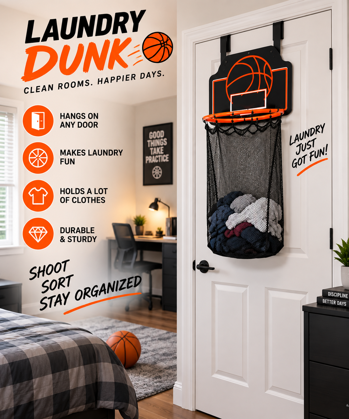 Basketball Laundry Hamper – Over-the-Door Hoop