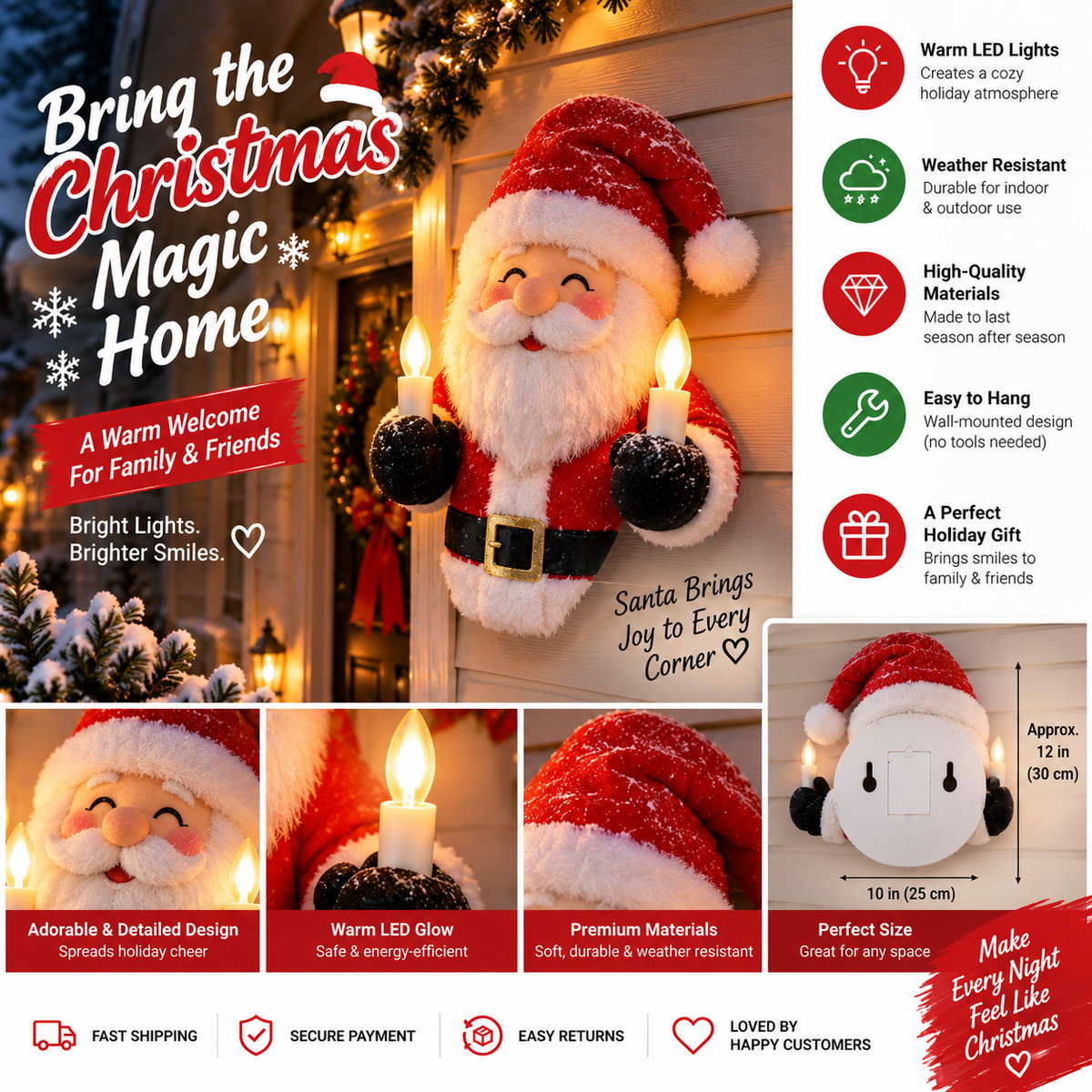 Santa Claus Wall Hanging Christmas Decoration with LED Lights
