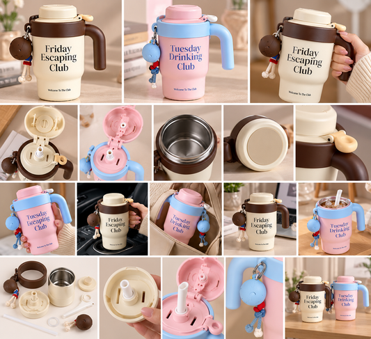 Cute 500ml Stainless Steel Tumbler with Handle – Leakproof Water Bottle