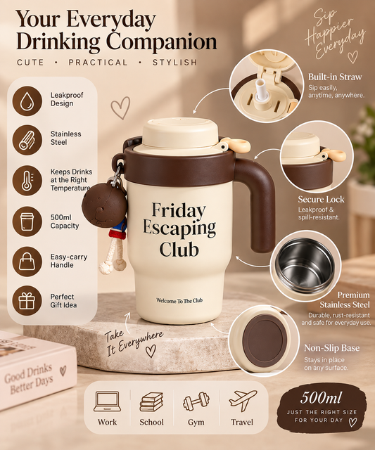 Cute 500ml Stainless Steel Tumbler with Handle – Leakproof Water Bottle
