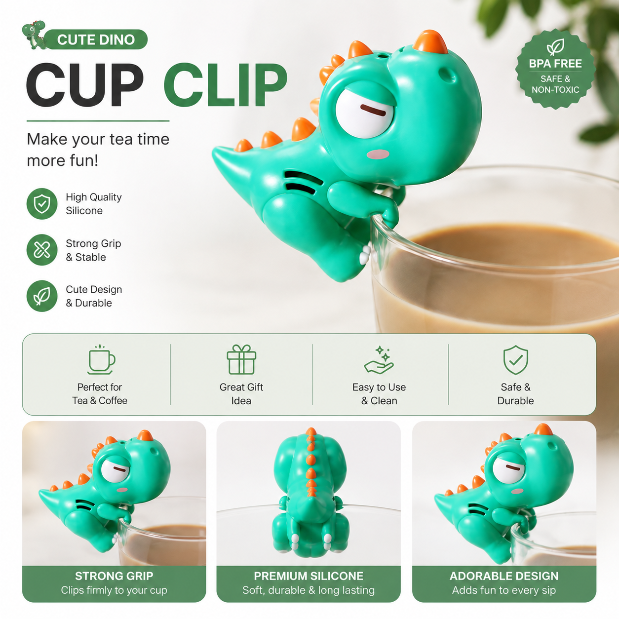 Cute Dino Cup Clip – Fun Silicone Cup Holder