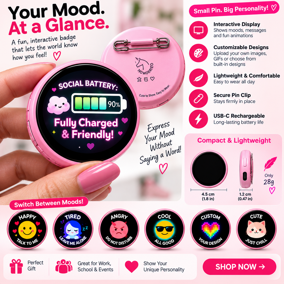 Animated Digital Mood Pin – Customizable LED Display