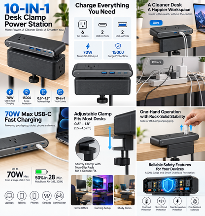 10-in-1 Desk Clamp Power Station – 70W USB-C Charging Hub