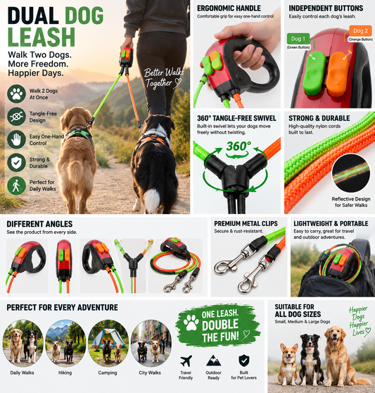 Dual Dog Leash – Tangle-Free 2-Dog Walking System