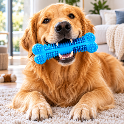 Dog using Soft Rubber Dog Toothbrush at home