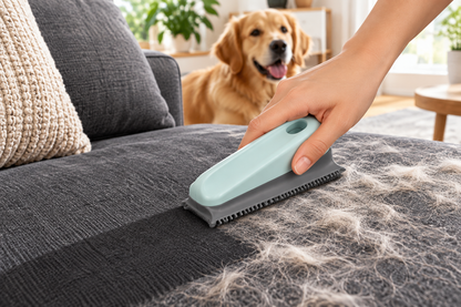 Pet hair remover cleaning a sofa with dog in background