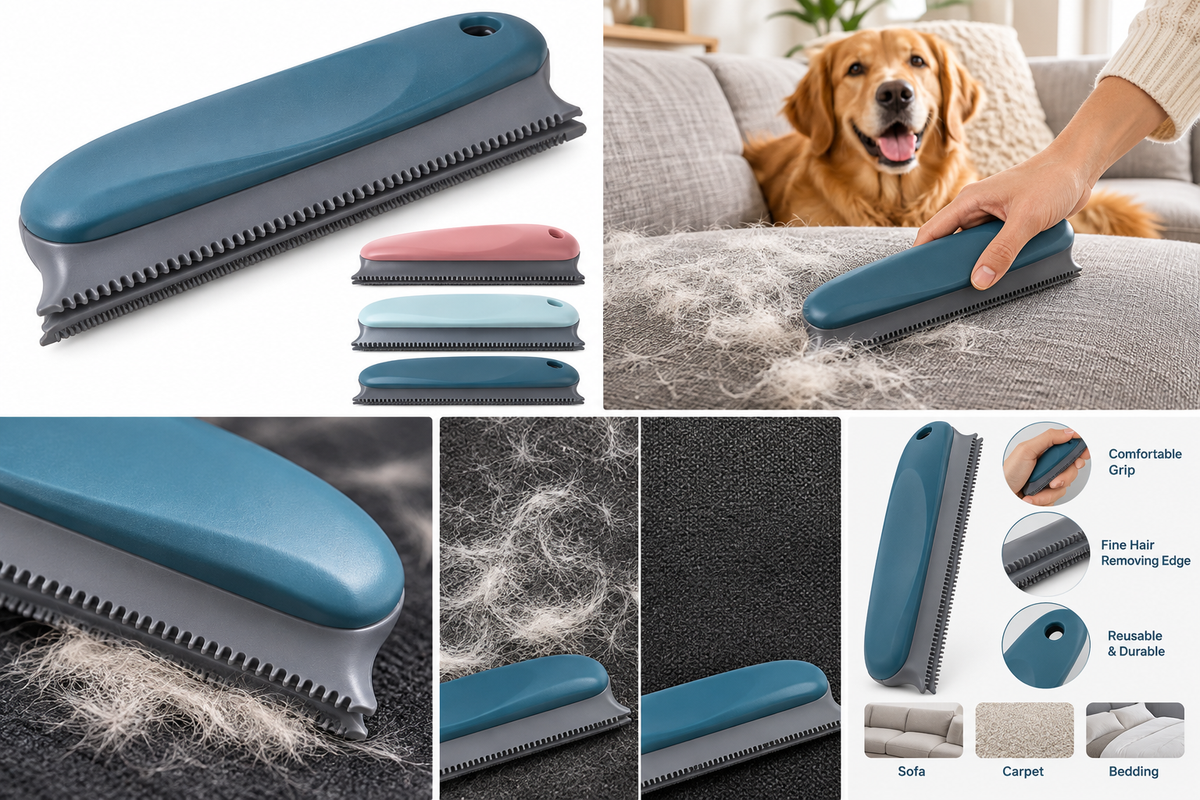 Pet hair remover features and surface cleaning collage