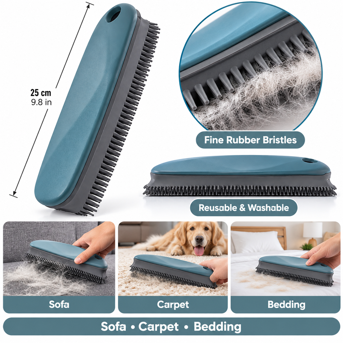 Pet hair remover size, bristles and surface guide