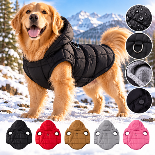 Golden retriever wearing a black hooded winter pet jacket in snow