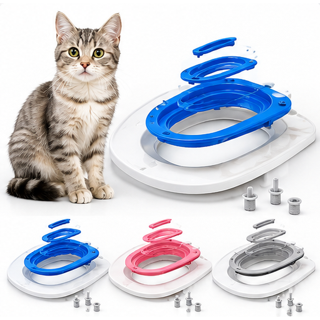 Cat toilet training kit with removable blue inserts and cat beside the tray