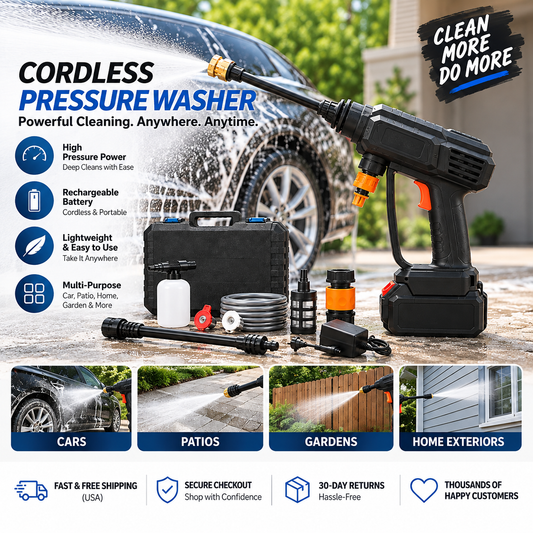Cordless Pressure Washer cleaning a car with product features