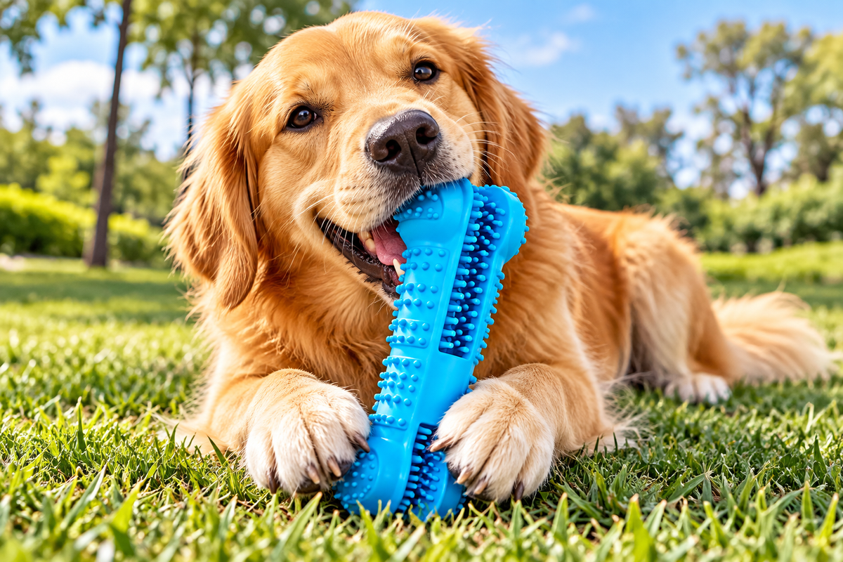 Dog using Soft Rubber Dog Toothbrush outdoors