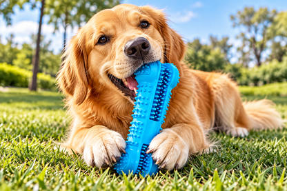 Dog using Soft Rubber Dog Toothbrush outdoors