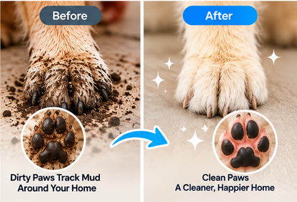 Before and after muddy dog paws using the Pet Paw Cleaner