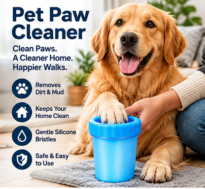 Pet Paw Cleaner hero with dog using the blue paw washer