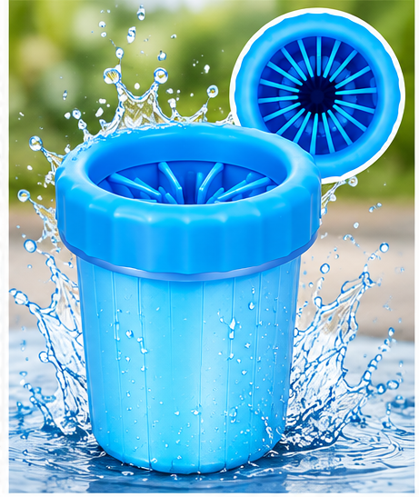 Blue silicone Pet Paw Cleaner product close-up with water splash