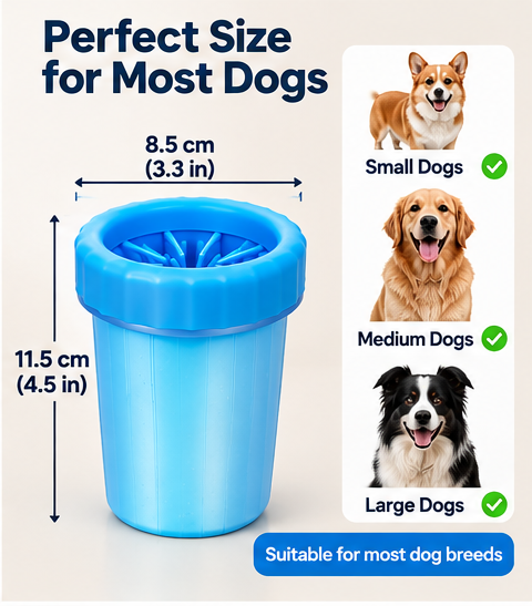 Pet Paw Cleaner dimensions and dog size guide
