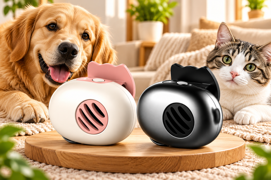 PettiChat AI pet communication device in Pink/White and Black with dog and cat