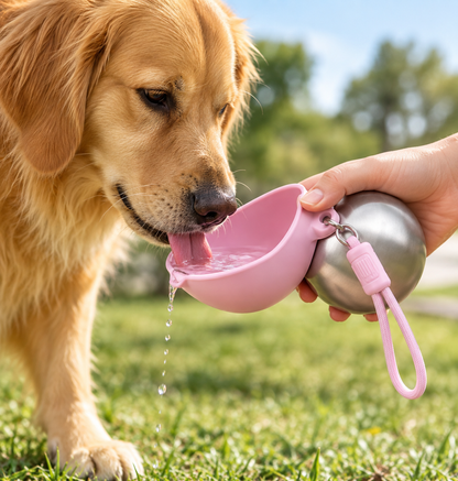 Dog drinking from a portable leakproof water bottle outdoors
