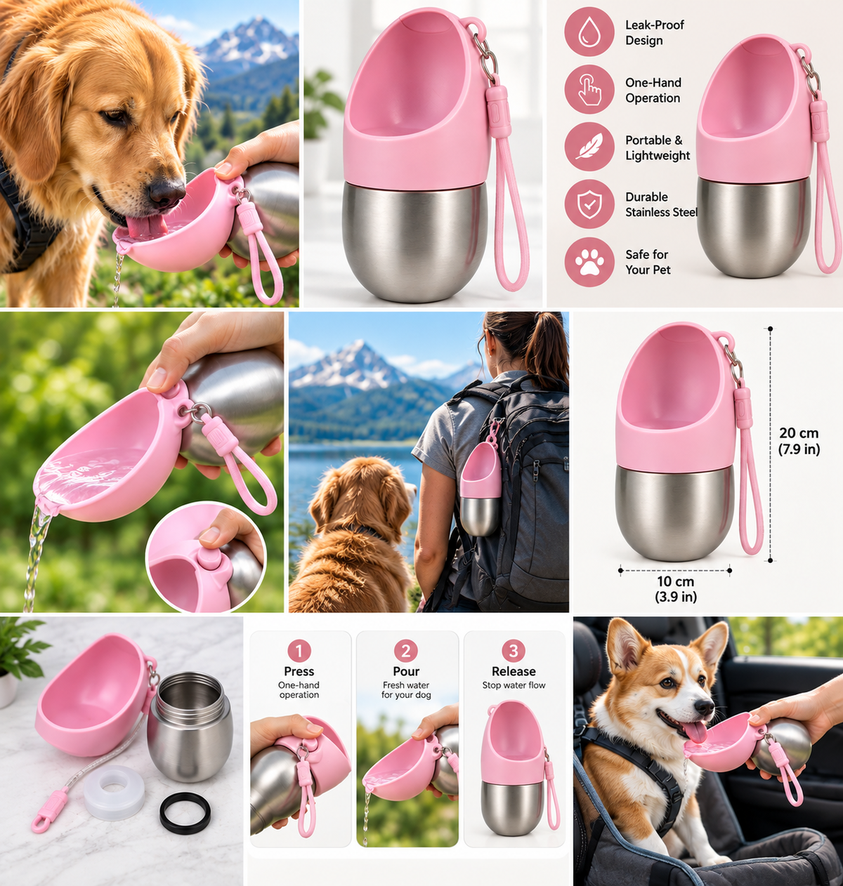 Portable dog water bottle with drinking bowl and carry strap for travel