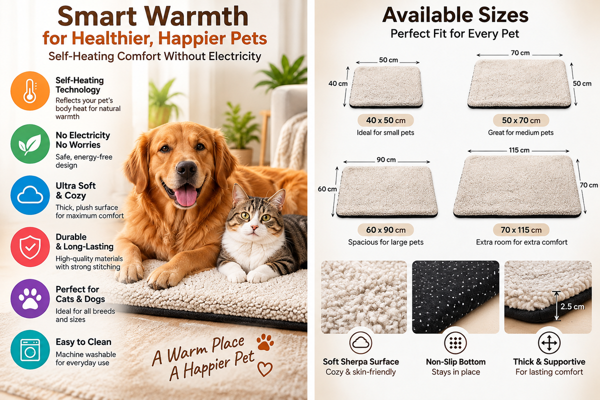 Self-Heating Pet Pad features and sizes