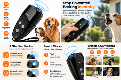 Ultrasonic dog barking device product features and usage infographic