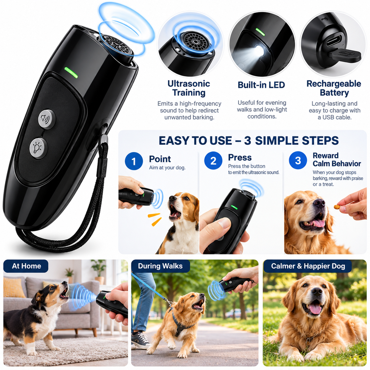 Ultrasonic dog trainer features, usage steps and scenarios
