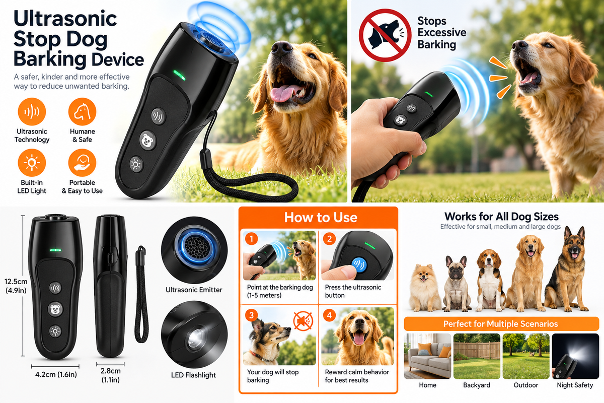 Ultrasonic Stop Dog Barking Device premium product and feature infographic