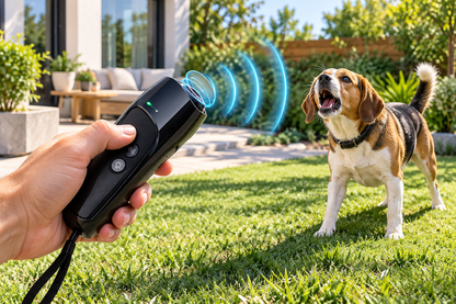 Ultrasonic dog trainer used outdoors for bark training